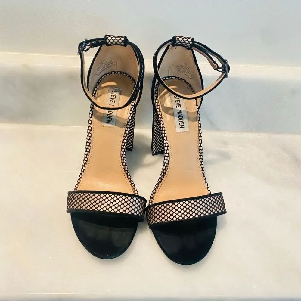 Steve Madden Ankle Strap Open Toe Mesh Block Heel Carrson Sandals Black Size 7.5